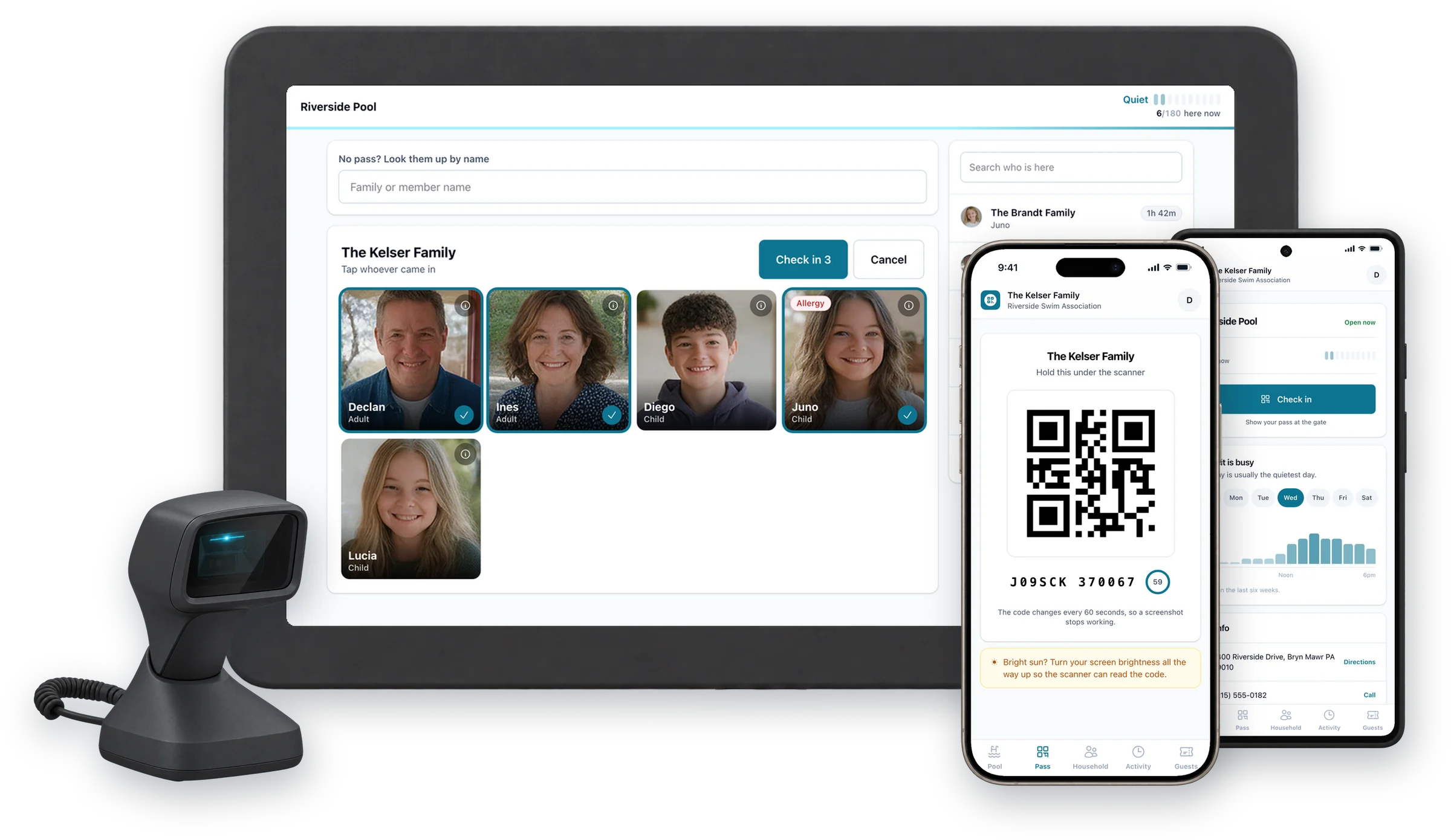 The M4RCO gate on a check-in kiosk, showing the Kelser family's faces with three tapped to check in; beside it, the family's rotating pass on an iPhone and the pool's opening hours and busyness on an Android phone.